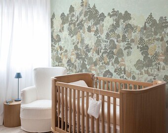 Forest Wallpaper Mural for Kids Room – Soft Green Woodland  Wall covering with Trees, Animals and Scenic Nature for Nursery or Toddler Room