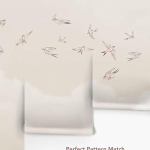 Beige Bird Wallpaper, Swallow Decor for Bedroom, Neutral Cloud Design, Relaxing Interior Accent image 9