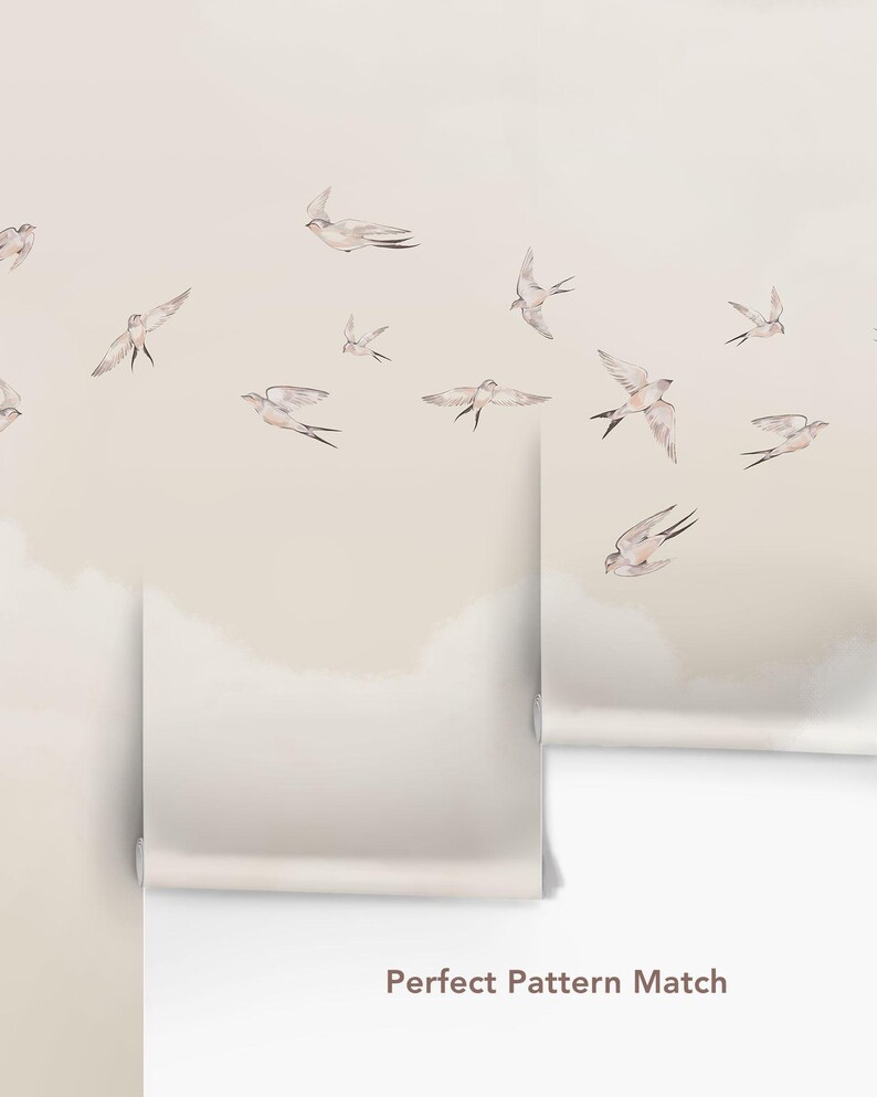 Beige Bird Wallpaper, Swallow Decor for Bedroom, Neutral Cloud Design, Relaxing Interior Accent image 9