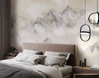 Abstract beige wallpaper with mountains for the bedroom or living room. Boho wall covering, wall decor.