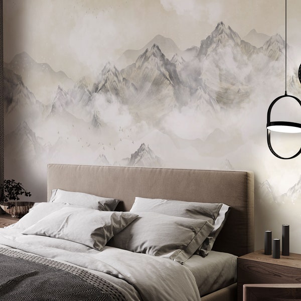 Abstract beige wallpaper with mountains for the bedroom or living room. Boho wall covering, wall decor.