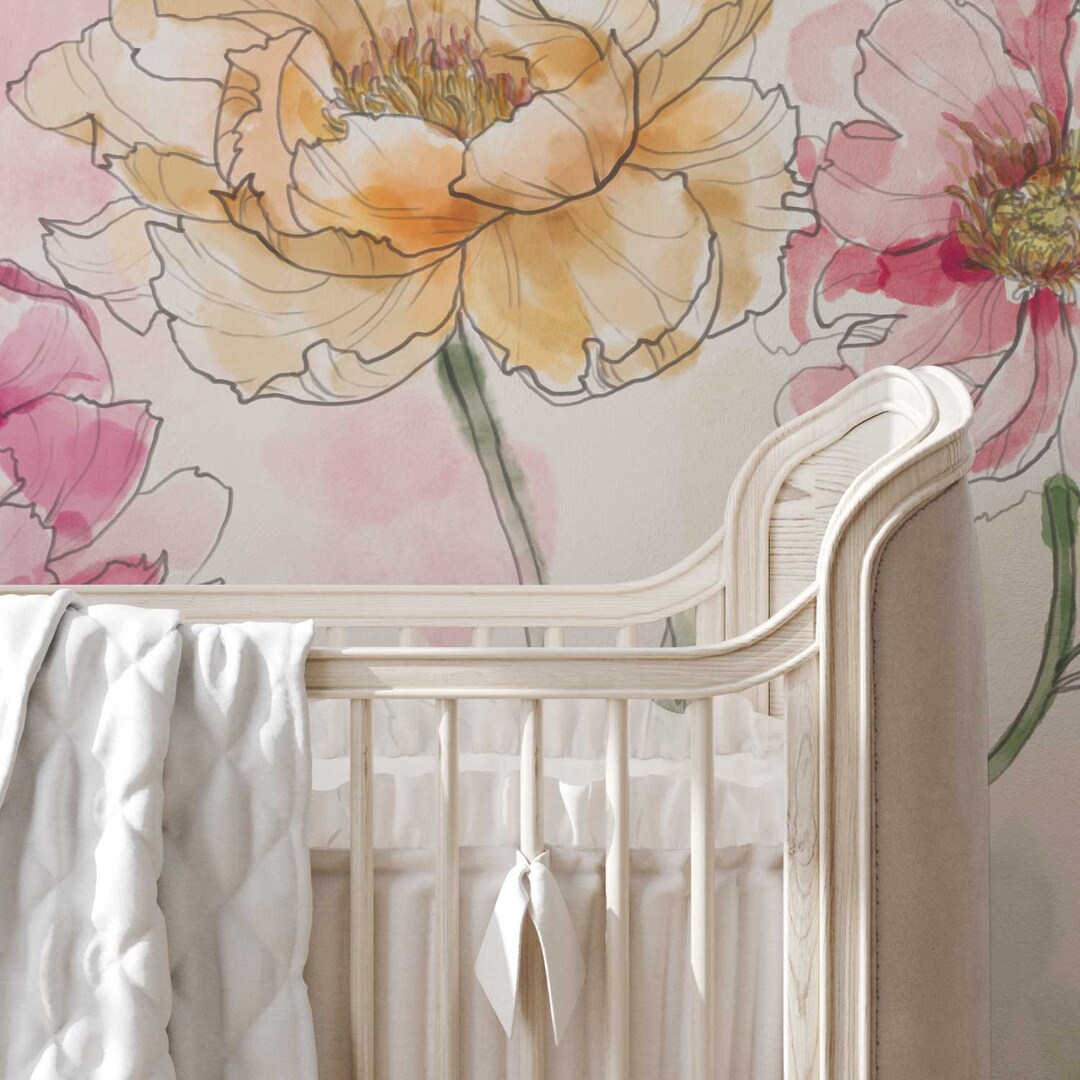 Large Peony Watercolor Floral Mural Traditional or Removable Wallpaper ...