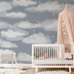 Carta da parati Dreamy Nursery - Carta da parati murale con nuvole e stelle blu tenui per la cameretta di ragazzi e ragazze, carta da parati con cielo neutro per la cameretta dei bambini