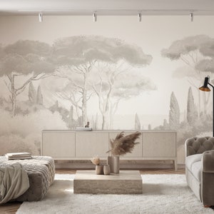 Carta da parati rilassante di alta qualità con alberi di pino, rivestimento murale boho beige con costa mediterranea, murale fresco da staccare e attaccare per bambini dai 5 ai 12 anni