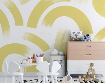 Yellow abstract wallpaper, accent wall mural, minimalistic wall covering, bedrooms ideas, customizable design, yellow shape wallpaper