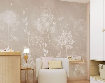 Soft Taupe Floral Accent Wall, Beige Dandelion Mural Wallpaper, Neutral Botanical Decor