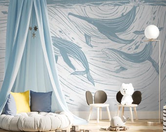 Papel tapiz infantil de familia de ballenas en el océano: mural bajo el mar en rollos, 7-102-1