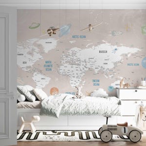 Weltkarte Wandbild mit Planeten - Lerntapete für Kinderzimmer oder Kinderzimmer, Geographie und Sonnensystem Lernwanddeko 9-147 color 1