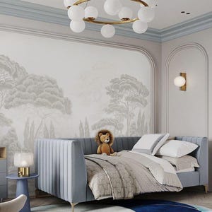 Watercolor high quality forest wallpaper with trees, cypress trees. Beige boho wall covering for design interior 5-138 c2