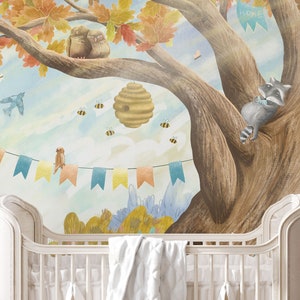 Woodland Kids Wallpaper with Friendly Forest Animals - High-Quality Design for Nursery or Playroom - Nature-Inspired Wall Covering