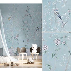 Chinoiserie birds wall mural, oriental art wallpaper with birds and leaves, flower blossom hand drawn mural, temporary peel and stick mural