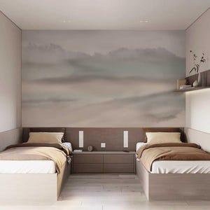 Soft Neutral Landscape Wallpaper Mural, Minimal Misty Wall Art for Kids Room or Bedroom, 5-144-5