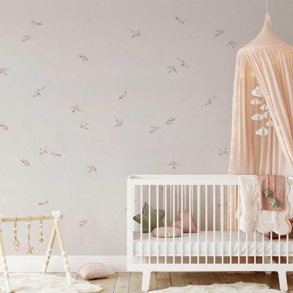 Soft Flying Birds Wallpaper Pattern, Neutral Beige Nursery Wallpaper, Repeating Wall Design, 7-146Р-1
