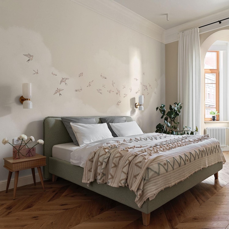 Beige Bird Wallpaper, Swallow Decor for Bedroom, Neutral Cloud Design, Relaxing Interior Accent image 2