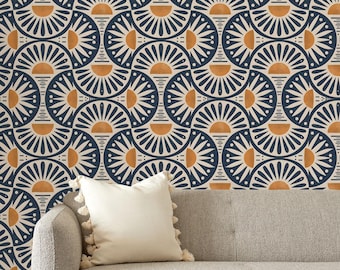 Blue Terracotta Wallpaper for Living Room, Retro Geometric Art Deco Wall Decor