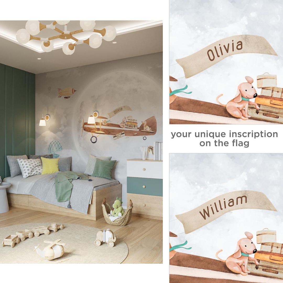 Vintage Airplane Nursery Wallpaper With Flying Dogs, Hot Air Balloon ...