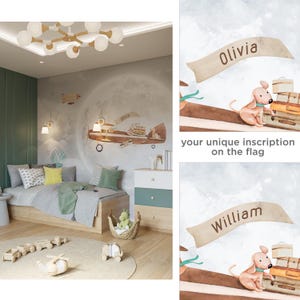 Carta da parati per bambini con aereo vintage con cani volanti, mongolfiera, luna piena e opzione nome personalizzato – Decorazione da parete per bambini con avventure nella stanza dei bambini