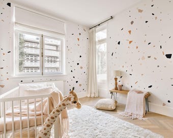 Abstract Accent Wall for Bedroom, Nursery, Office, Living Room - Minimalist Geometric Pattern - Modern White Terrazzo Wallpaper, 1-137с1