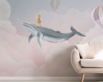 Сhildren's high quality wallpaper with a big whale, clouds, girls with star for a kids room. Blue pink wall covering.