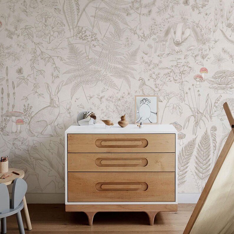 Cogumelo papel de parede, paddenstoel decoratie kinderkamer, bunny and mushroom mural, vintage kitchen mushroomwallpaper, nature wallpaper image 3