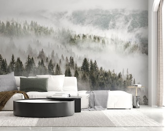 Misty forest wallpaper for bedroom or living room / Grey and green wall covering with forest