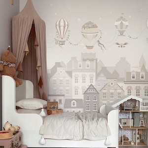 Watercolor oldtown wallpaper with houses, scenic wall mural, temporary wall mural, adhesive wallpaper, removable wallpaper, wall mural kids