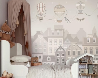 Watercolor oldtown wallpaper with houses, scenic wall mural, temporary wall mural, adhesive wallpaper, removable wallpaper, wall mural kids