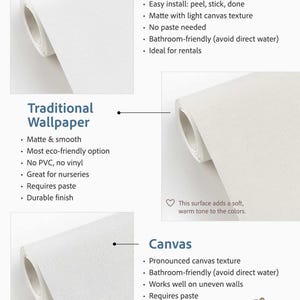May include: A comparison chart showing three white wallpaper options: Peel & Stick with a light canvas texture, Traditional Wallpaper with a matte smooth finish, and Canvas with a pronounced texture. Each section lists installation and material details.