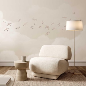 Beige Bird Wallpaper, Swallow Decor for Bedroom, Neutral Cloud Design, Relaxing Interior Accent image 1