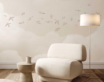 Beige Bird Wallpaper, Swallow Decor for Bedroom, Neutral Cloud Design, Relaxing Interior Accent