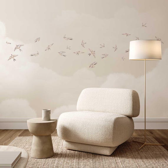 Beige Bird Wallpaper, Swallow Decor for Bedroom, Neutral Cloud Design, Relaxing Interior Accent
