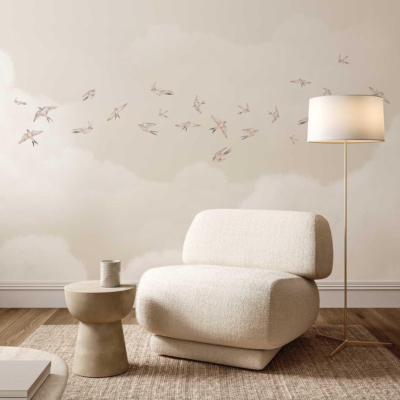 Beige Bird Wallpaper, Swallow Decor for Bedroom, Neutral Cloud Design, Relaxing Interior Accent image 1