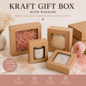 May include: A collection of brown kraft gift boxes with clear windows in various sizes. The boxes contain items including a candle labeled Sweet Rose, a necklace on a card, and pink crinkle paper. Text on the image reads KRAFT GIFT BOX WITH WINDOW.