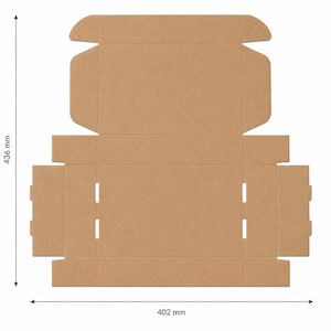 May include: A flat, unfolded cardboard box with dimensions of 402 mm x 436 mm. The box is a light brown color and features cut-out tabs and folding lines. The image shows the box laid out flat, ready for assembly. Ideal for packaging and shipping.