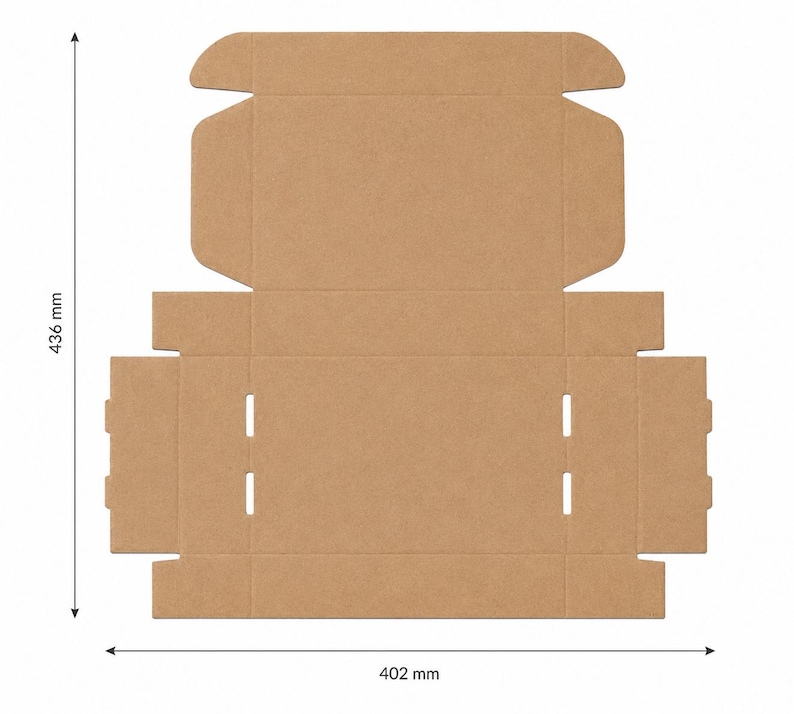 May include: A flat, unfolded cardboard box with dimensions of 402 mm x 436 mm. The box is a light brown color and features cut-out tabs and folding lines. The image shows the box laid out flat, ready for assembly. Ideal for packaging and shipping.
