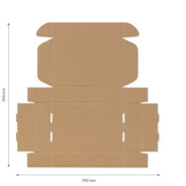 May include: A flat-packed, unfolded cardboard box with dimensions of 346 mm in height and 342 mm in width. The box is made of brown corrugated cardboard and features cut-out tabs and folding lines for assembly. Ideal for shipping and packaging.
