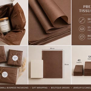 May include: Brown tissue paper sheets measuring 50 by 70 cm with a 17 GSM weight. The set includes stacks of 40, 120, and 200 sheets. The paper is shown wrapping gifts with thank you stickers and inside a box with a candle. Text includes Premium Tissue Paper.