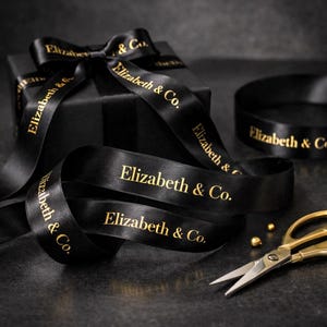 Custom Printed Satin Ribbon, Black with Gold Foil, 25mm