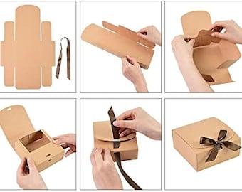 12 pcs  Brown Square Shaped Presentation Gift Box with Ribbon, Easy Assembly  ,Kraft Box, Wedding Boxes, Gift, Present Box, Choose Ribbon
