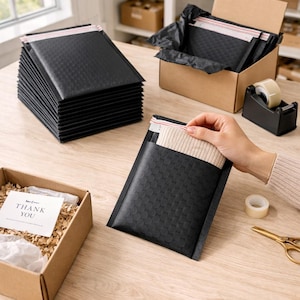 Könnte beinhalten: Schwarze Luftpolstertaschen sind gestapelt und einsatzbereit. Eine Tasche wird mit einem beigen Artikel verschlossen. Eine Schachtel mit Taschen ist geöffnet, und eine kleine Schachtel mit einer "Thank You"-Karte ist ebenfalls vorhanden. Verpackungsmaterialien liegen auf einer Holzoberfläche.