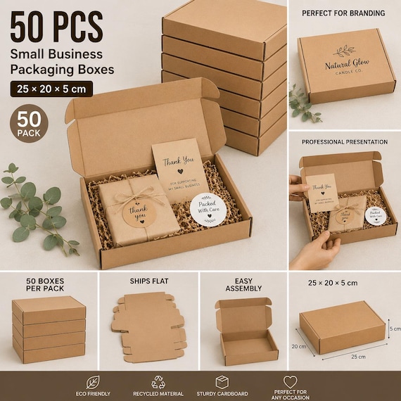 50 kleine Business-Verpackungsboxen 25x20x5 cm, Kraft-Versandboxen, Versandboxen, E-Handel-Verpackung, 50er Pack