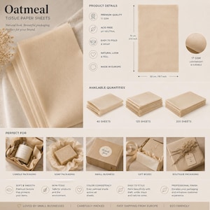 Può includere: Fogli di carta velina color avena per imballaggio. Ogni foglio misura 70 cm per 50 cm. La carta è da 17 GSM, priva di acidi e a pH neutro. Il prodotto è mostrato in pile da 40, 120 e 200 fogli, utilizzato per avvolgere candele e scatole.