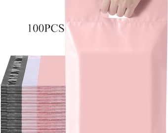 100 pièces enveloppes roses en poly avec poignées, sacs d'emballage avec bandes auto-adhésives, sacs d'expédition postaux étanches, enveloppe de messagerie pour vêtements