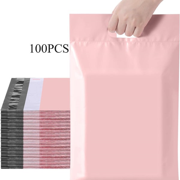 100PCS Pink Poly Mailers with Handles Packaging Bags with Self Sealing Strips, Waterproof Postal Shipping bags Courier Envelope for Clothing