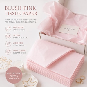 Peut inclure: Papier de soie rose blush pour emballage, comprenant des grandes feuilles de 50 x 70 cm. Le lot contient du papier sans acide de 17 GSM avec une finition douce. Une boîte blanche contient le papier, avec une carte Thank You, disponible en 40, 120 ou 200 feuilles.