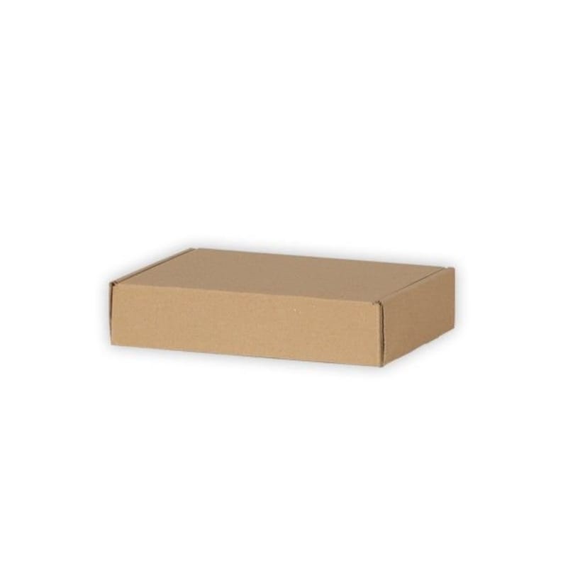 May include: A rectangular, brown cardboard box with a closed lid. The box is made of corrugated cardboard and is set against a white background. The box is empty and ready for packaging.