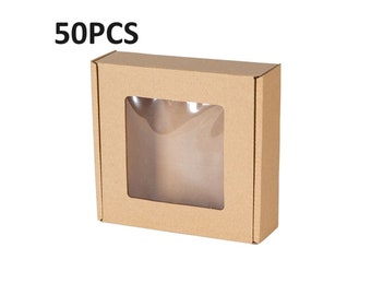 50PCS Kraft Boîte pliante avec fenêtre, Boîte-cadeau Naturel, Boîte postale en carton brun avec couvercle, Boîte présente, Boîte pour cadeau, FEFCO 0427