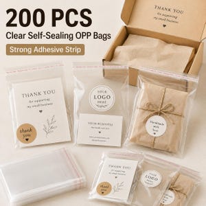 May include: A set of 200 clear self-sealing OPP bags with strong adhesive strips. The image displays several transparent plastic bags containing thank you cards, business cards, and small packages wrapped in brown paper with twine and stickers.
