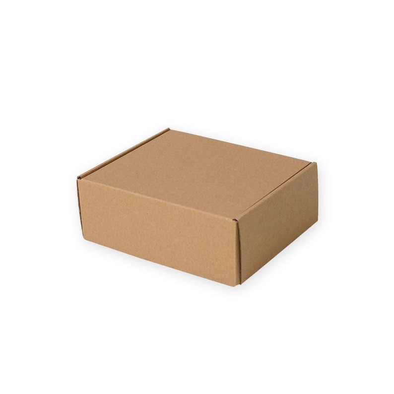 May include: A closed, rectangular cardboard box in a natural brown color. The box has a simple, folded design with visible seams and a flat top. The box is likely used for shipping or storage.
