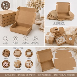 May include: Kraft brown cardboard boxes, perfect for small business packaging, gifts, and accessories. The boxes are eco-friendly, made of recycled material, and sturdy. The image shows the boxes assembled and flat, with text that says "Shipped Flat".